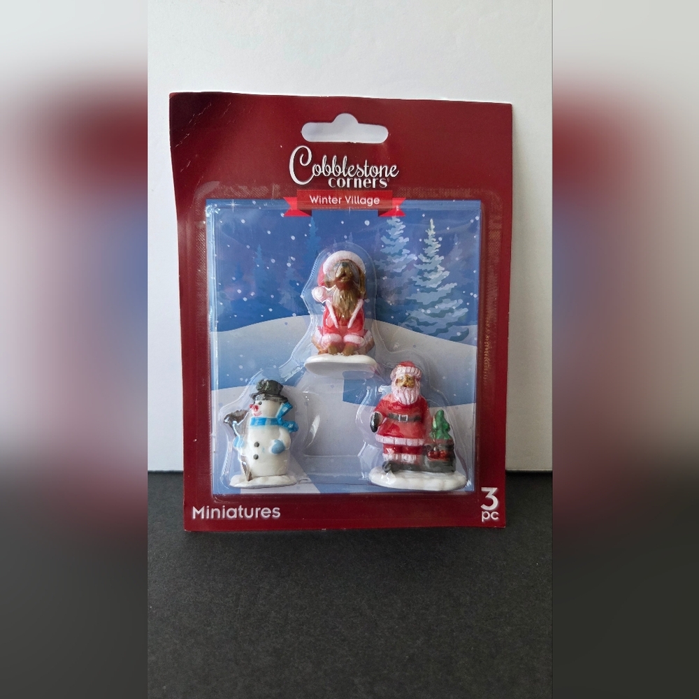 Cobblestone Corners Christmas Winter Village Miniature Figurine 3-pc Set Dog